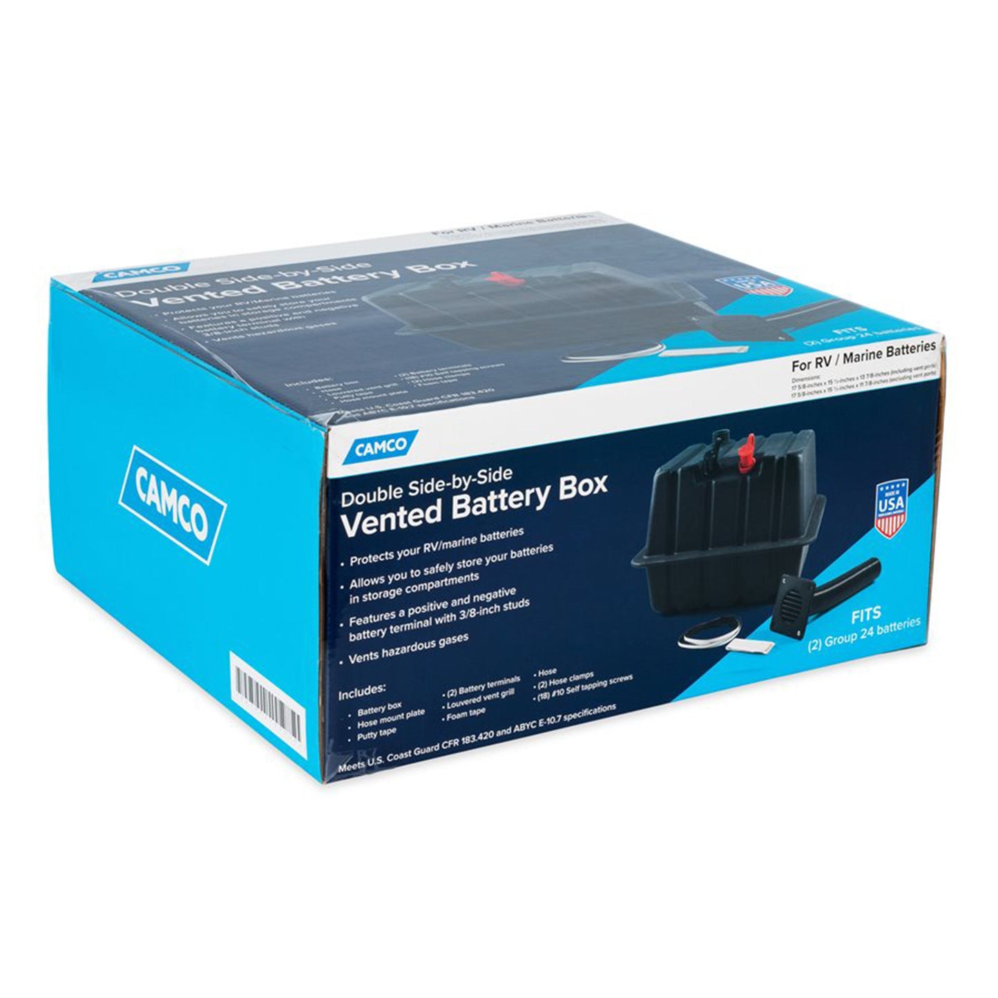 Camco Vented RV/Marine Double SideBySide Durable Polymer Battery Box Set, Black