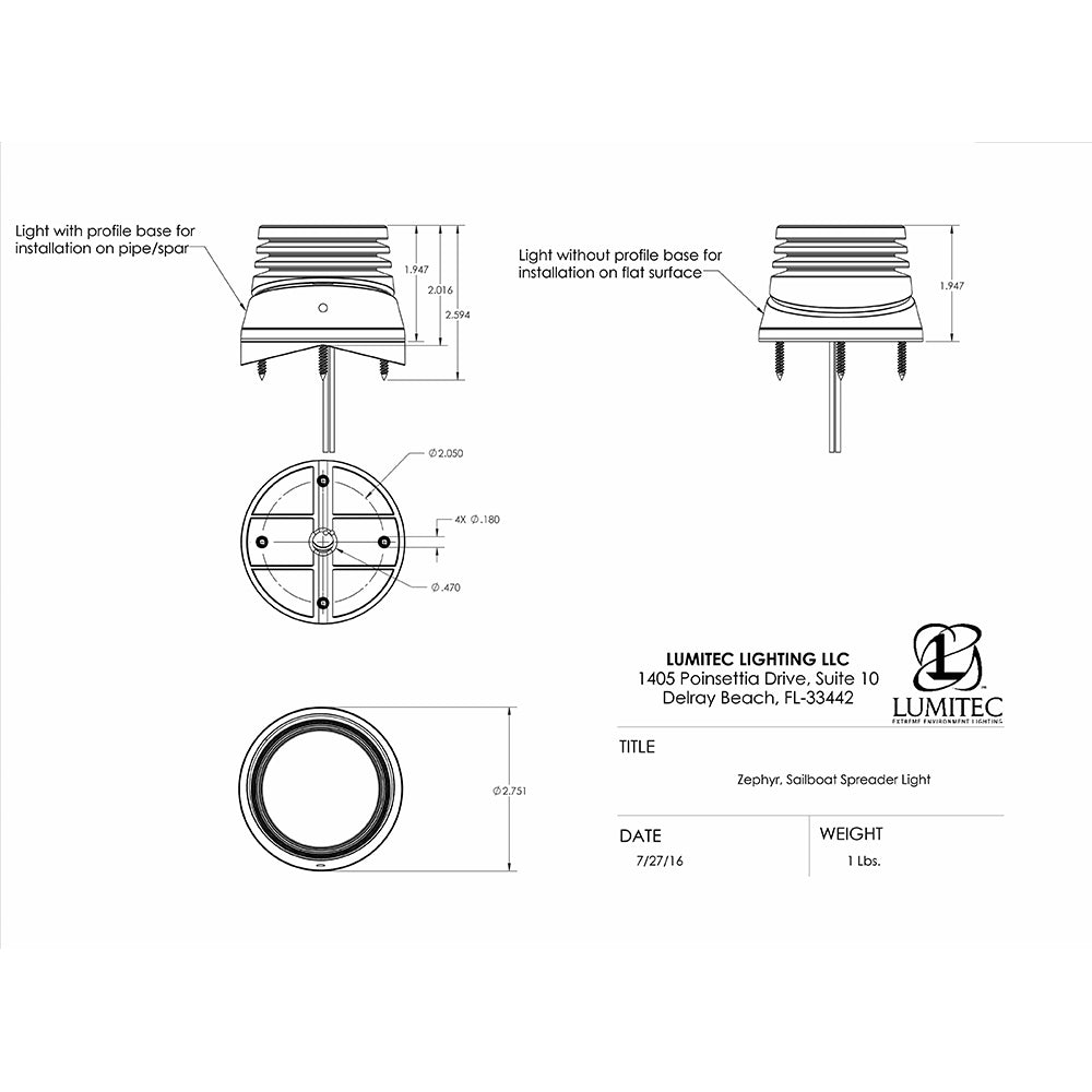 Lumitec Zephyr Deck Light White LED Speader Light Black Base