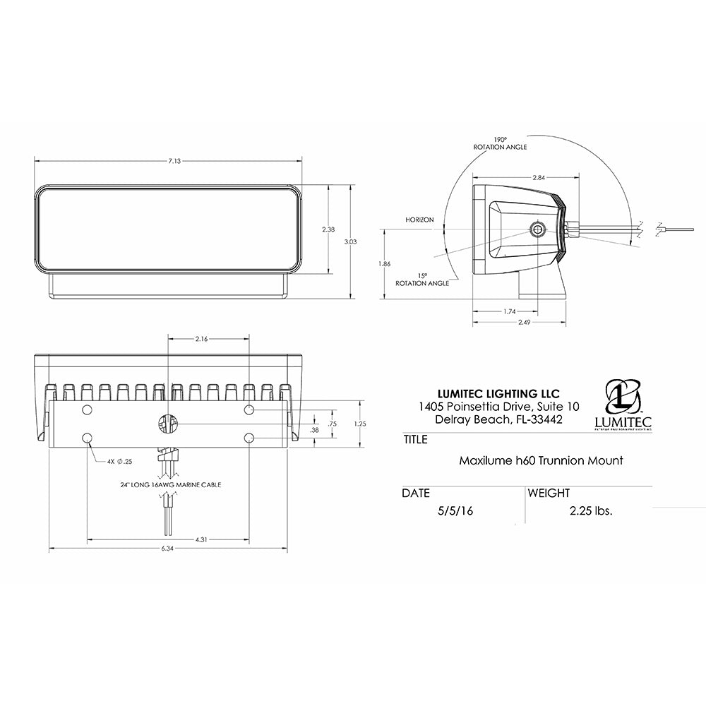 Lumitec Maxillume H60 Flood White LED Trunnion Mount White Finish 12/24V