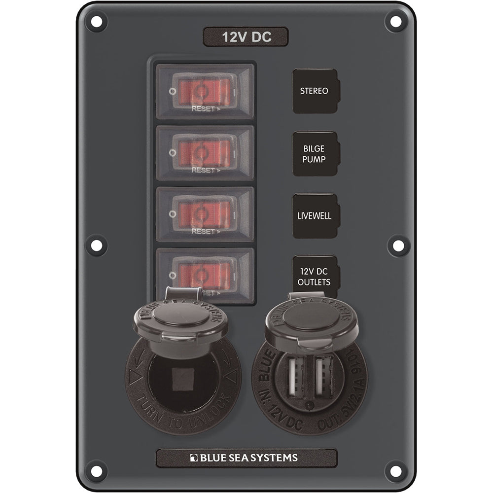 Blue Sea Water-Resistant 12V 4 Circuit Breaker Switch Panel with 12v Socket and Dual USB
