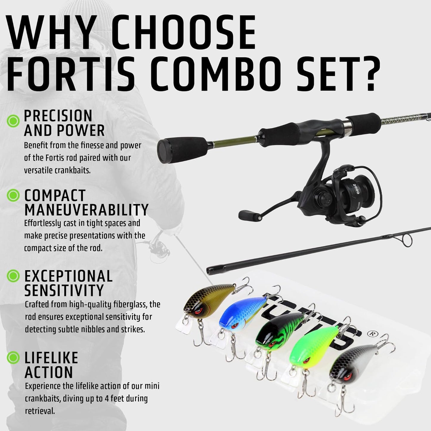 6'6" Medium Heavy Action Spinning Rod and Reel Package, 1 Piece Fiberglass/Graphite Spinning Rod |4000 Spinning Reel | FORTIS