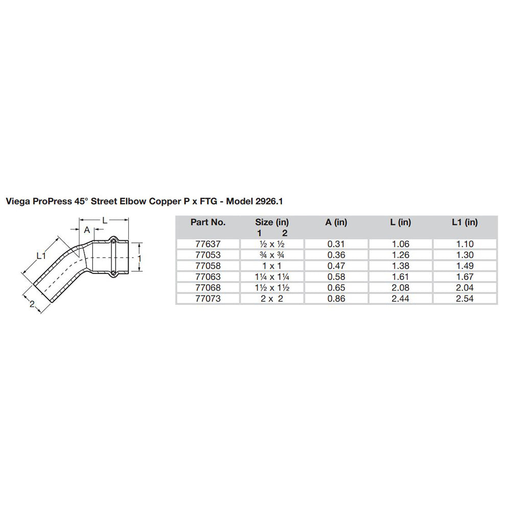 Viega ProPress 3/4" - 45? Copper Elbow - Street/Press Connection - Smart Connect Technology