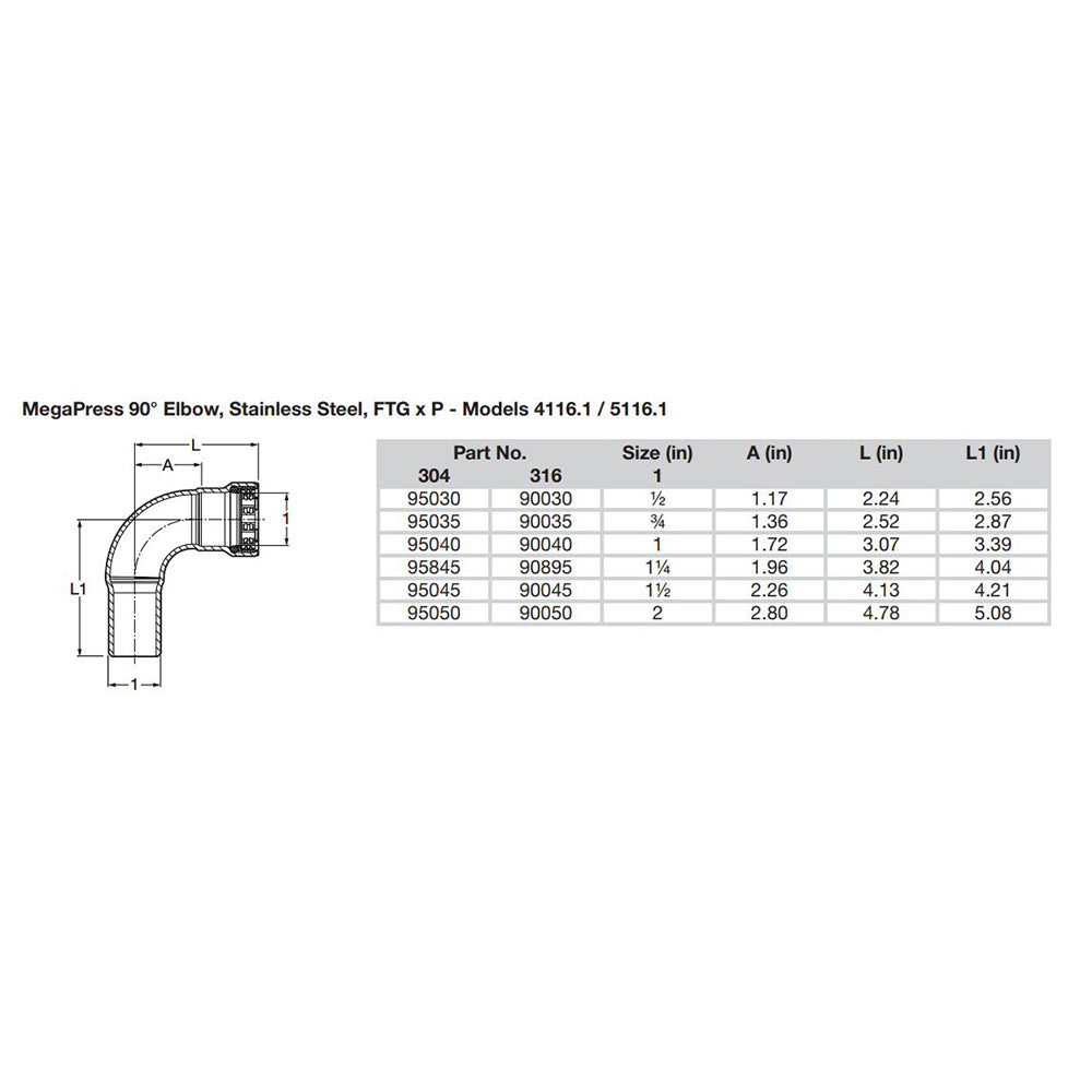 Viega MegaPress 3/4" 90? Stainless Steel 304 Elbow Street - Press Connection - Smart Connect Technology