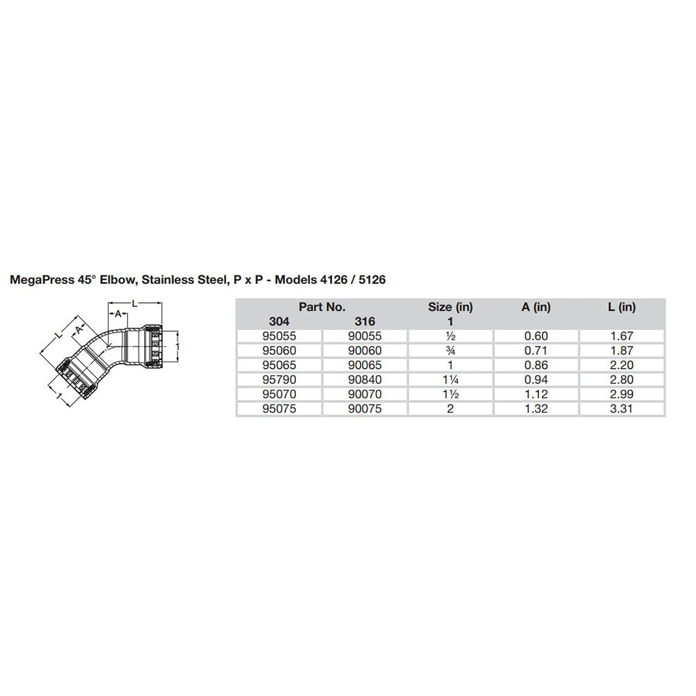 Viega MegaPress 2" 45? Stainless Steel 304 Elbow - Double Press Connection - Smart Connect Technology