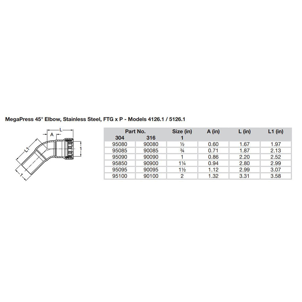 Viega MegaPress 1/2" 45? Stainless Steel 304 Elbow Street - Press Connection - Smart Connect Technology