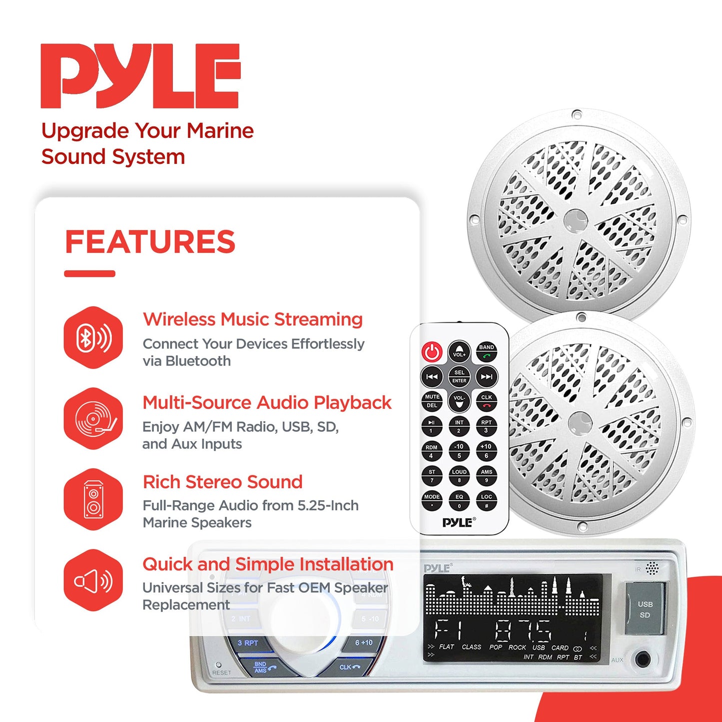 Pyle PLMRKT46BK 5.25 Inch Bluetooth Marine Receiver Stereo & Speaker Kit, Black