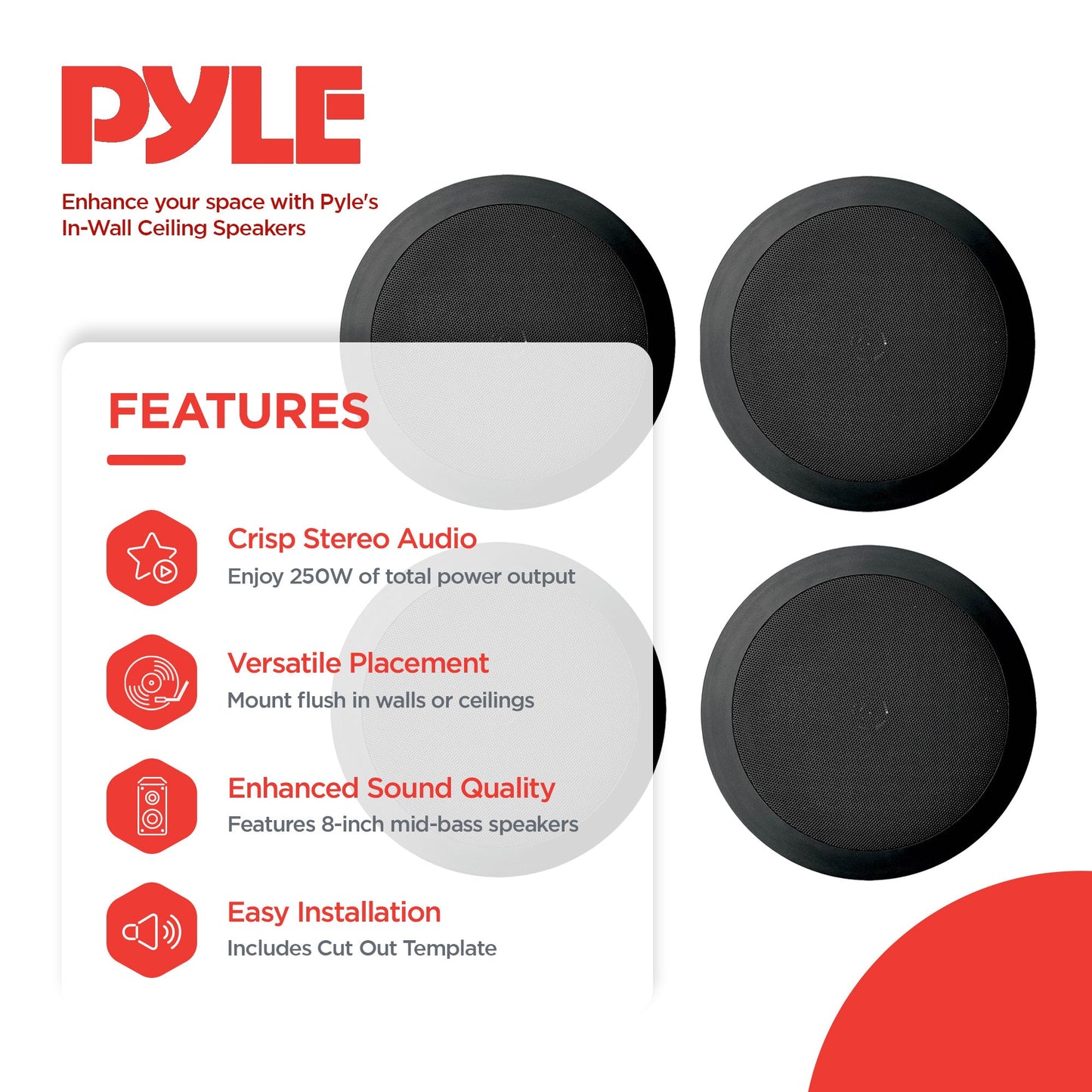 4) NEW Pyle PDIC81RDBK 250W 8 Inch Flush In-Wall In-Ceiling Black Speakers Four