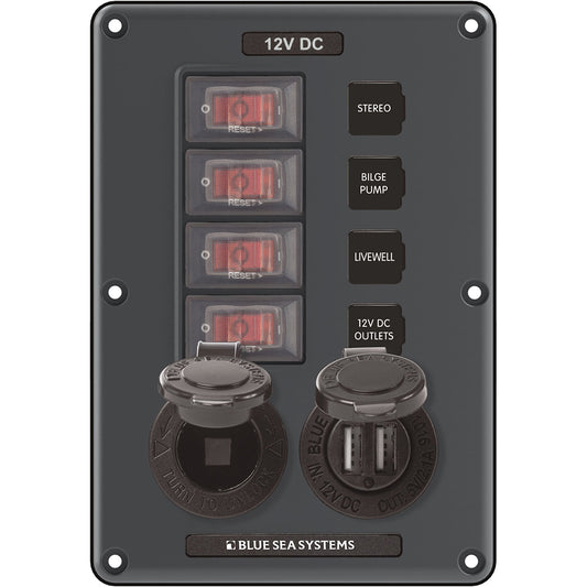 Blue Sea Water-Resistant 12V 4 Circuit Breaker Switch Panel with 12v Socket and Dual USB