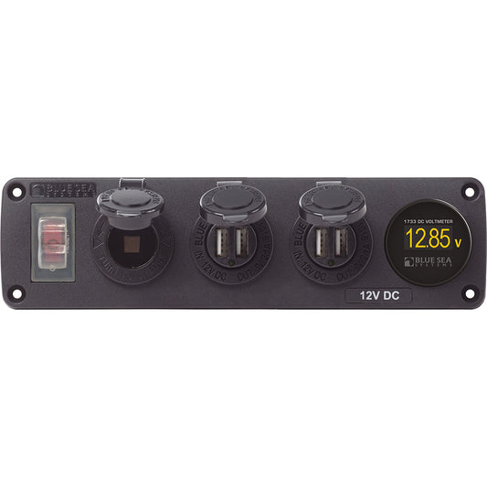 Blue Sea Water-Resistant 12V 15A Circuit Accessory Panel Socket, 2-Dual USB, Volt Meter