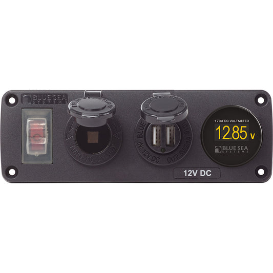 Blue Sea Water-Resistant 12V 15A Circuit Accessory Panel Socket, Dual USB, Volt Meter